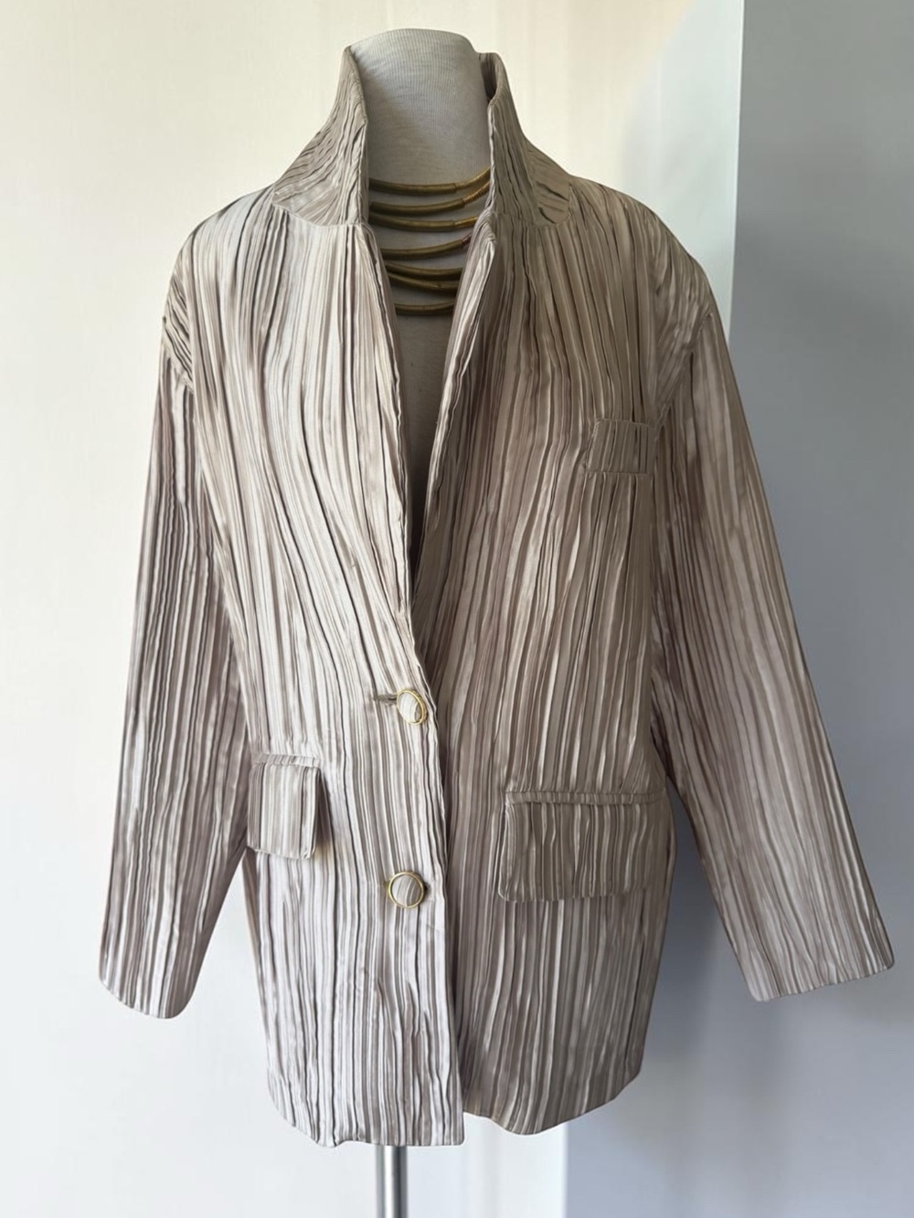 Vtg 80s Monaliza Taupe Plissé Pleated Satin Blazer Sz L Jacket 90s ~As Is~